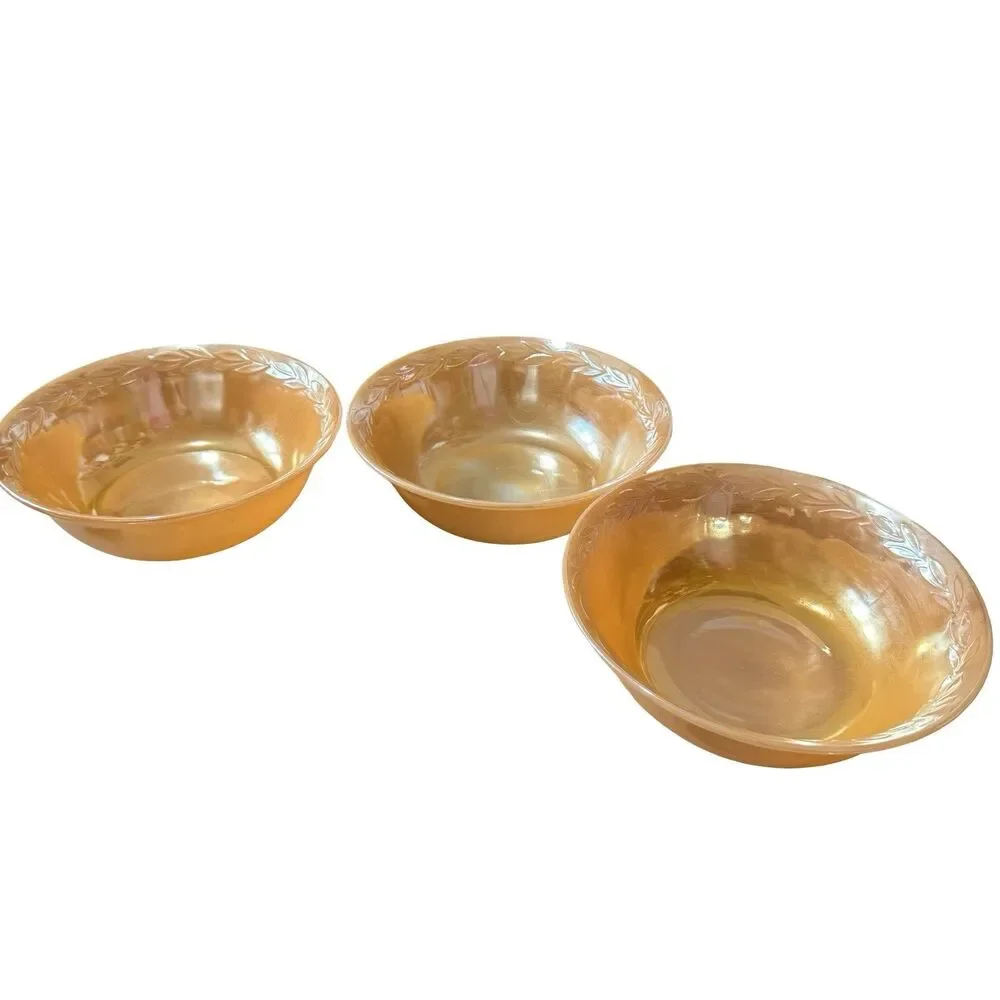 Set Of 3 Vtg Fire-King Peach Lustre Laurel Leaf‎ 8” Serving Bowls Anchor Hocking